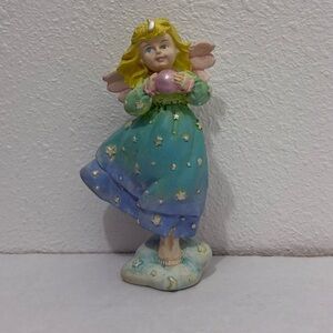 Vtg  Russ Berrie Ceramic Angel Figurine Holding Pink Ball Star Dress Cloud